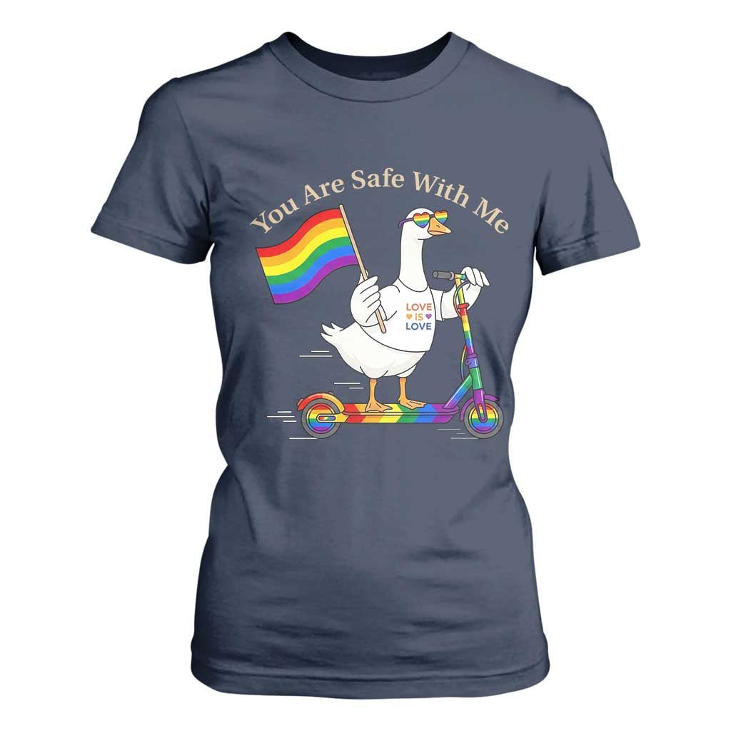 You Are Safe With Me T Shirt For Women LGBTQ Pride Goose Rainbow TS14 Navy Print Your Wear