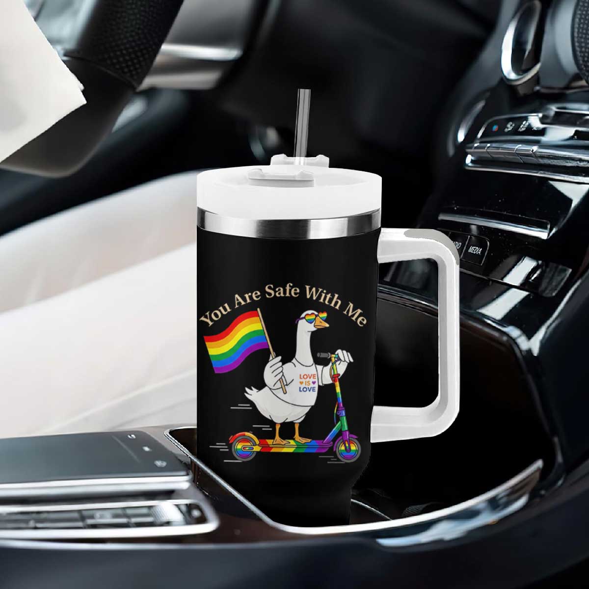 You Are Safe With Me Tumbler With Handle LGBTQ Pride Goose Rainbow