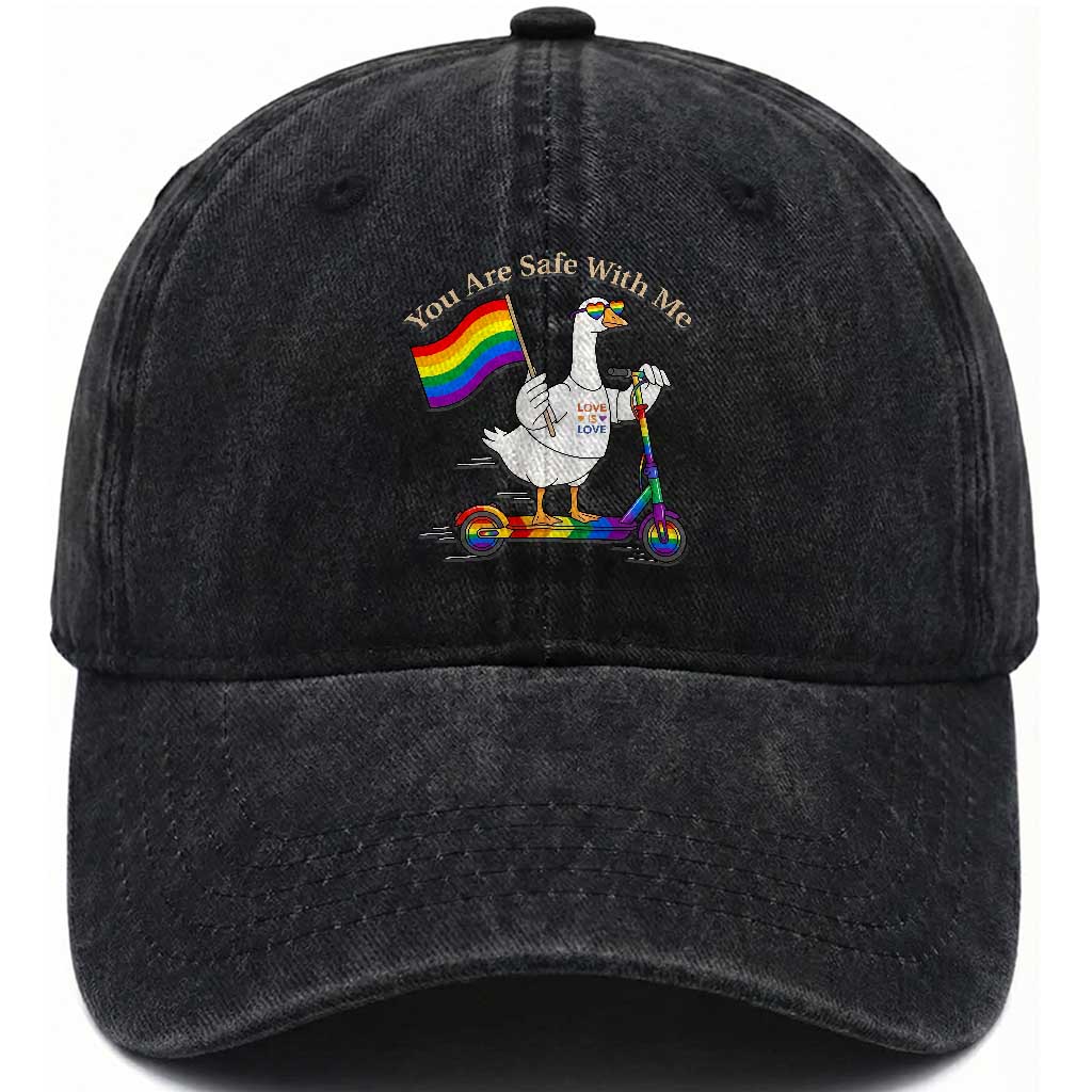You Are Safe With Me Washed Cotton Baseball Cap LGBTQ Pride Goose Rainbow