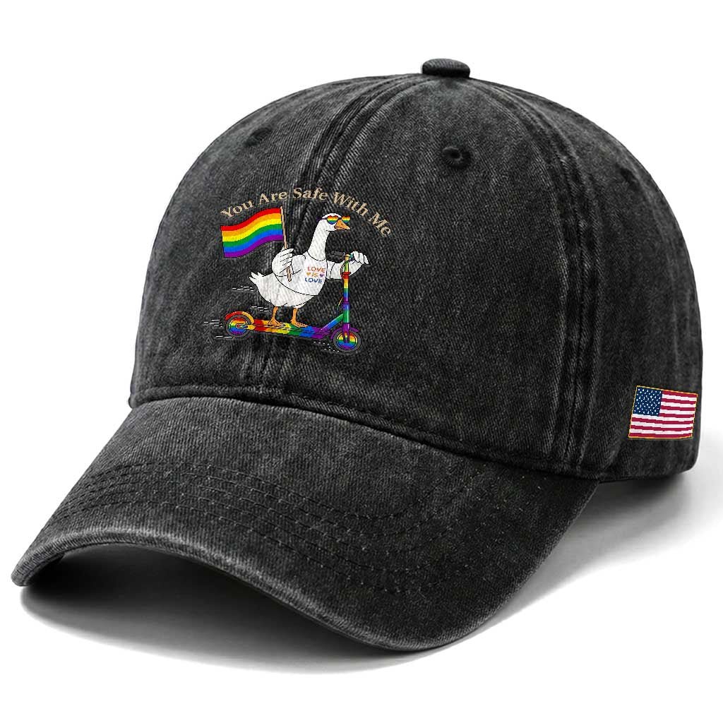 You Are Safe With Me Washed Cotton Baseball Cap LGBTQ Pride Goose Rainbow