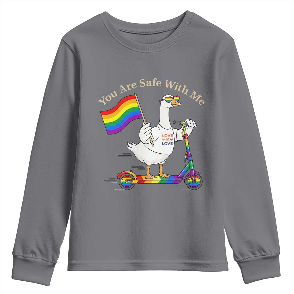 You Are Safe With Me Youth Sweatshirt LGBTQ Pride Goose Rainbow TS14 Charcoal Print Your Wear