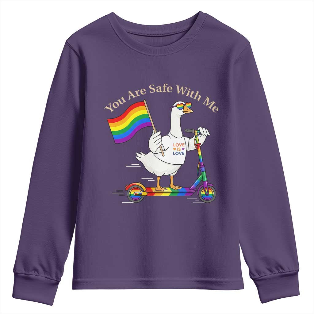 You Are Safe With Me Youth Sweatshirt LGBTQ Pride Goose Rainbow TS14 Purple Print Your Wear
