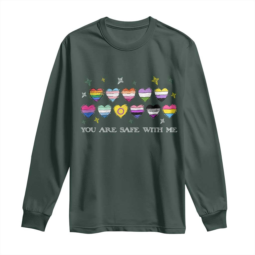 You Are Safe With Me Long Sleeve Shirt LGBTQ Support Rainbow Flags Ally TS14 Dark Forest Green Print Your Wear