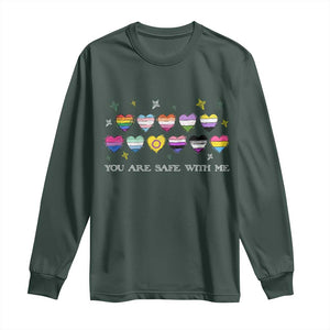 You Are Safe With Me Long Sleeve Shirt LGBTQ Support Rainbow Flags Ally TS14 Dark Forest Green Print Your Wear