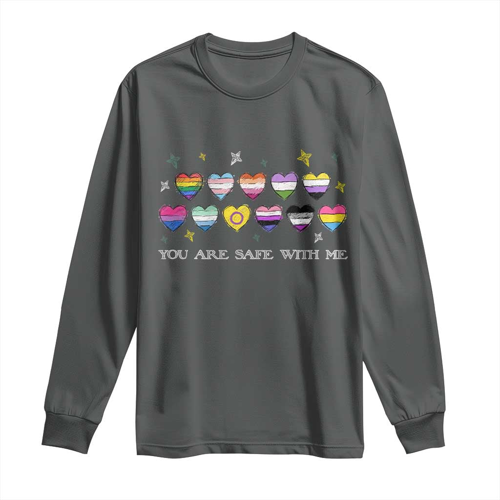 You Are Safe With Me Long Sleeve Shirt LGBTQ Support Rainbow Flags Ally TS14 Dark Heather Print Your Wear