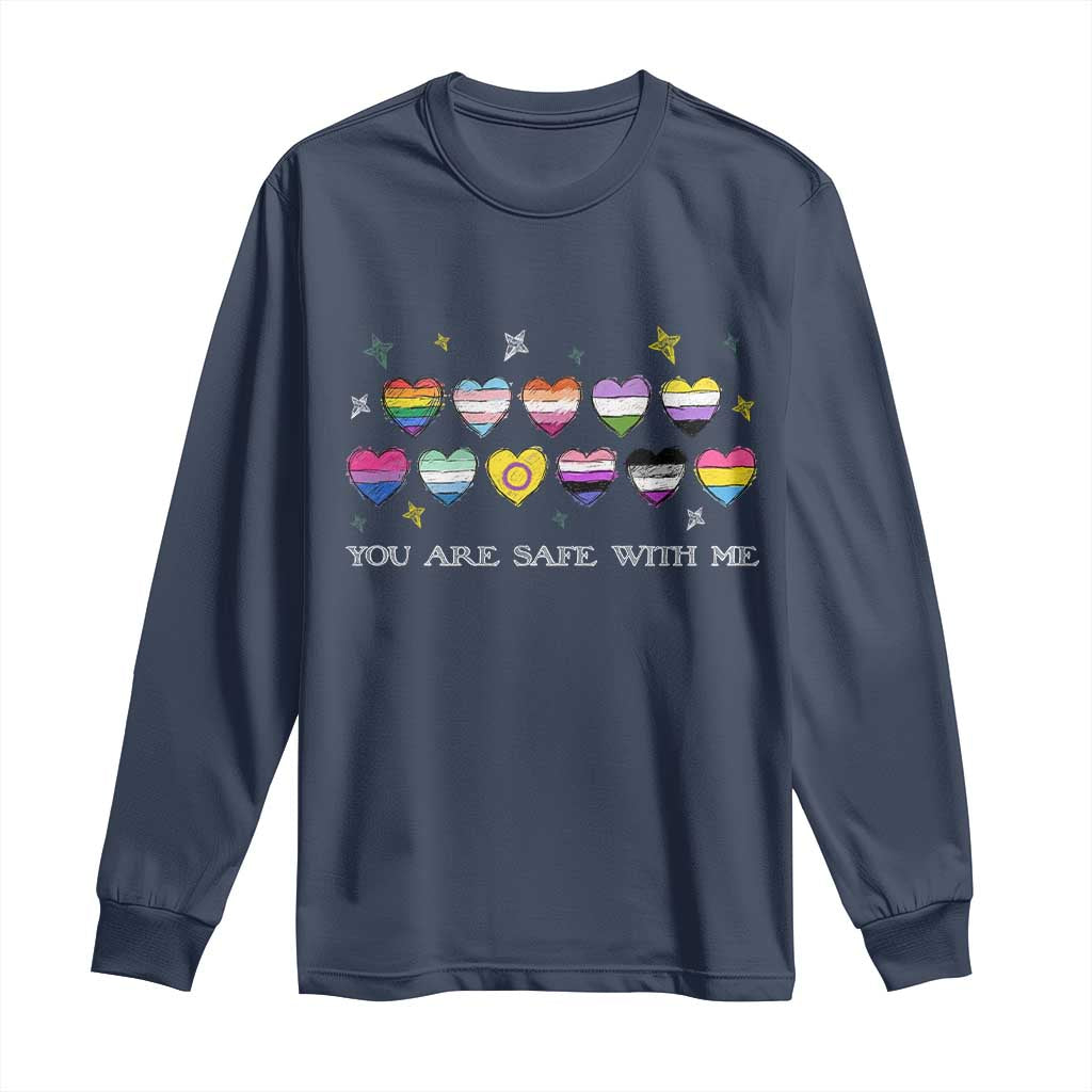 You Are Safe With Me Long Sleeve Shirt LGBTQ Support Rainbow Flags Ally TS14 Navy Print Your Wear