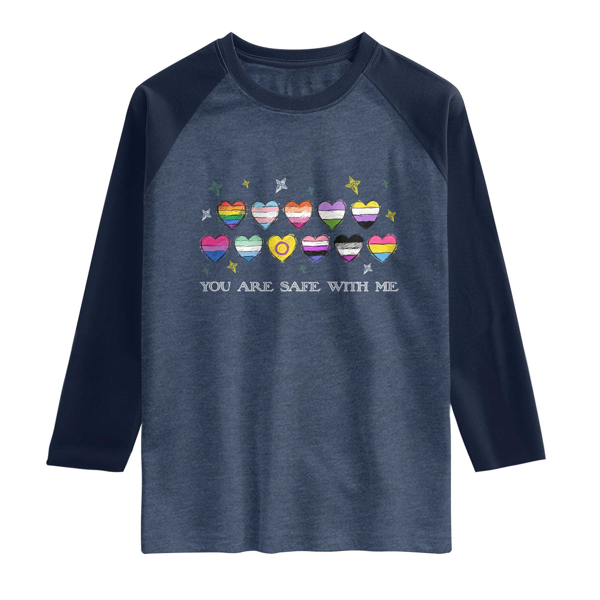 You Are Safe With Me Raglan Shirt LGBTQ Support Rainbow Flags Ally TS14 Heather Denim Navy Print Your Wear