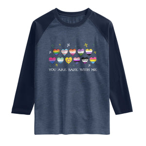 You Are Safe With Me Raglan Shirt LGBTQ Support Rainbow Flags Ally TS14 Heather Denim Navy Print Your Wear