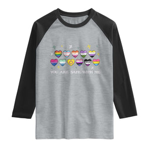 You Are Safe With Me Raglan Shirt LGBTQ Support Rainbow Flags Ally TS14 Heather Gray Black Print Your Wear