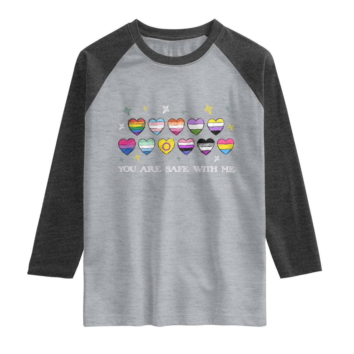 You Are Safe With Me Raglan Shirt LGBTQ Support Rainbow Flags Ally TS14 Heather Gray Heather Charcoal Print Your Wear