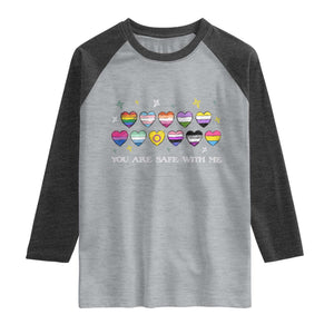 You Are Safe With Me Raglan Shirt LGBTQ Support Rainbow Flags Ally TS14 Heather Gray Heather Charcoal Print Your Wear