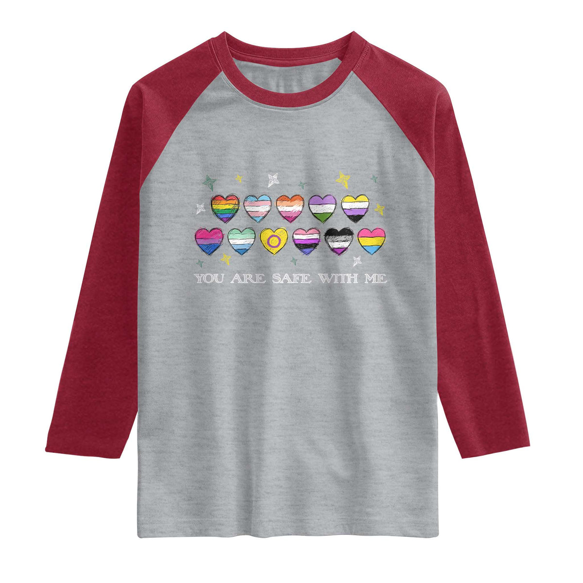 You Are Safe With Me Raglan Shirt LGBTQ Support Rainbow Flags Ally TS14 Heather Gray Heather Red Print Your Wear