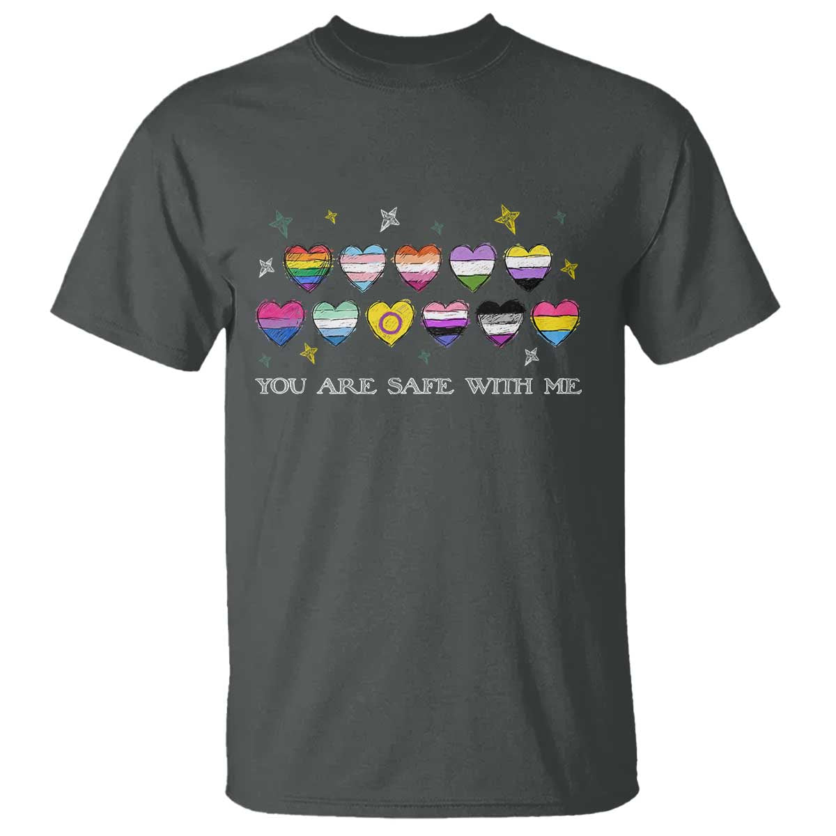 You Are Safe With Me T Shirt LGBTQ Support Rainbow Flags Ally TS14 Dark Heather Print Your Wear