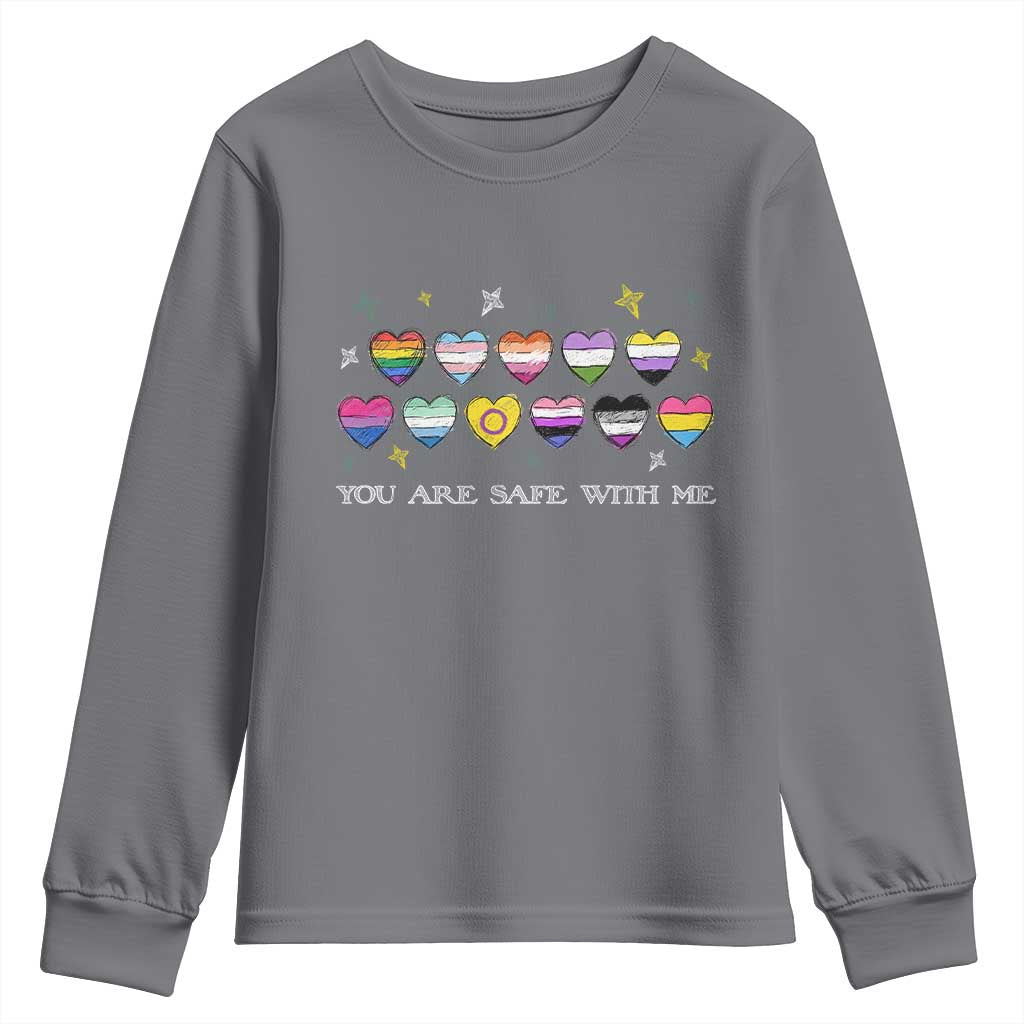 You Are Safe With Me Youth Sweatshirt LGBTQ Support Rainbow Flags Ally TS14 Charcoal Print Your Wear