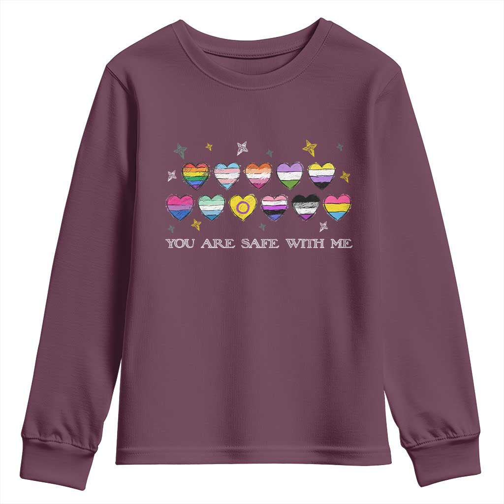 You Are Safe With Me Youth Sweatshirt LGBTQ Support Rainbow Flags Ally TS14 Maroon Print Your Wear