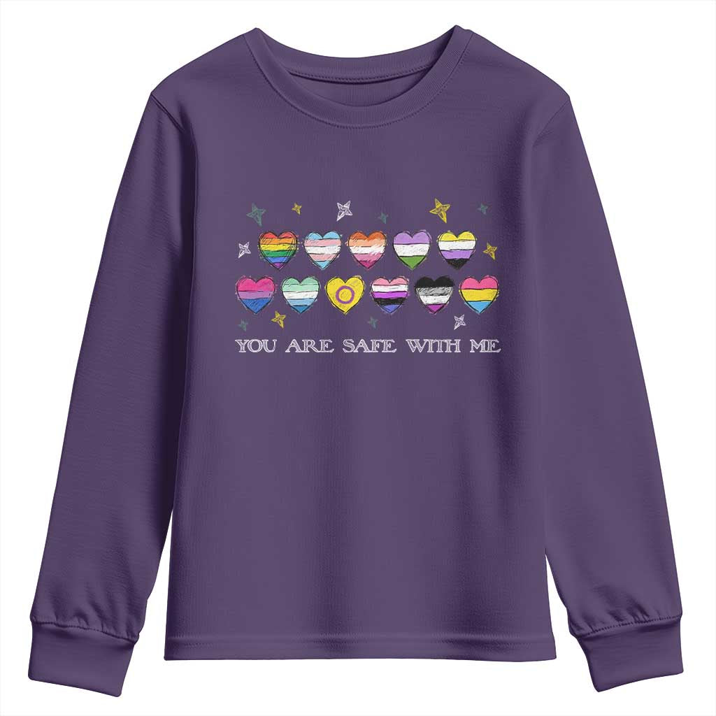 You Are Safe With Me Youth Sweatshirt LGBTQ Support Rainbow Flags Ally TS14 Purple Print Your Wear