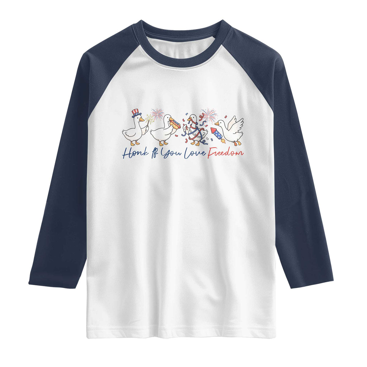Silly Goose 4th of July Raglan Shirt Honk If You Love Freedom TS14 White Navy Print Your Wear