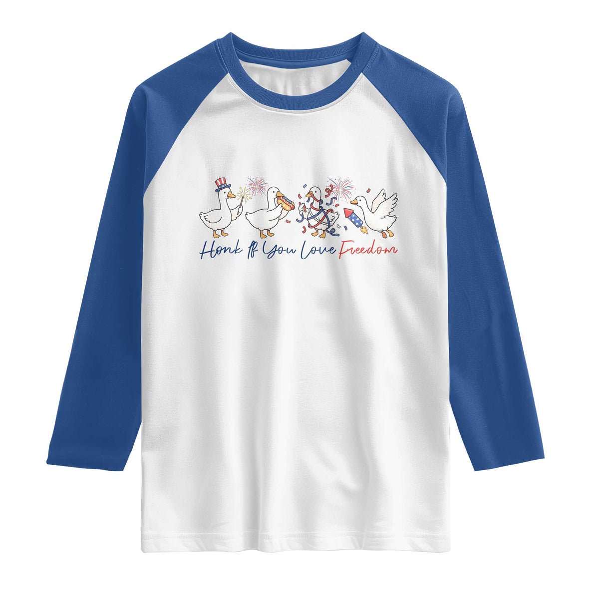 Silly Goose 4th of July Raglan Shirt Honk If You Love Freedom TS14 White Royal Print Your Wear