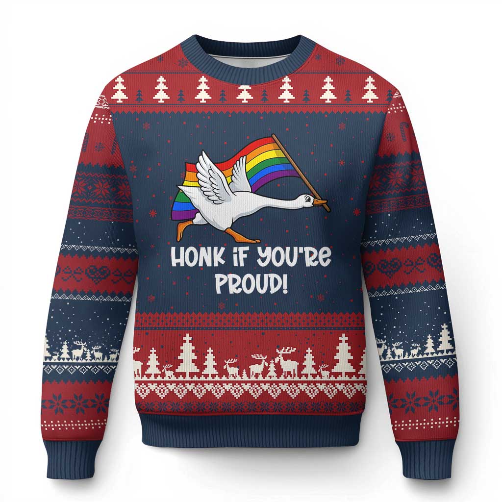 Silly Goose LGBTQ Rainbow Ugly Christmas Sweater Honk If You're Proud TS14 Navy Red Print Your Wear