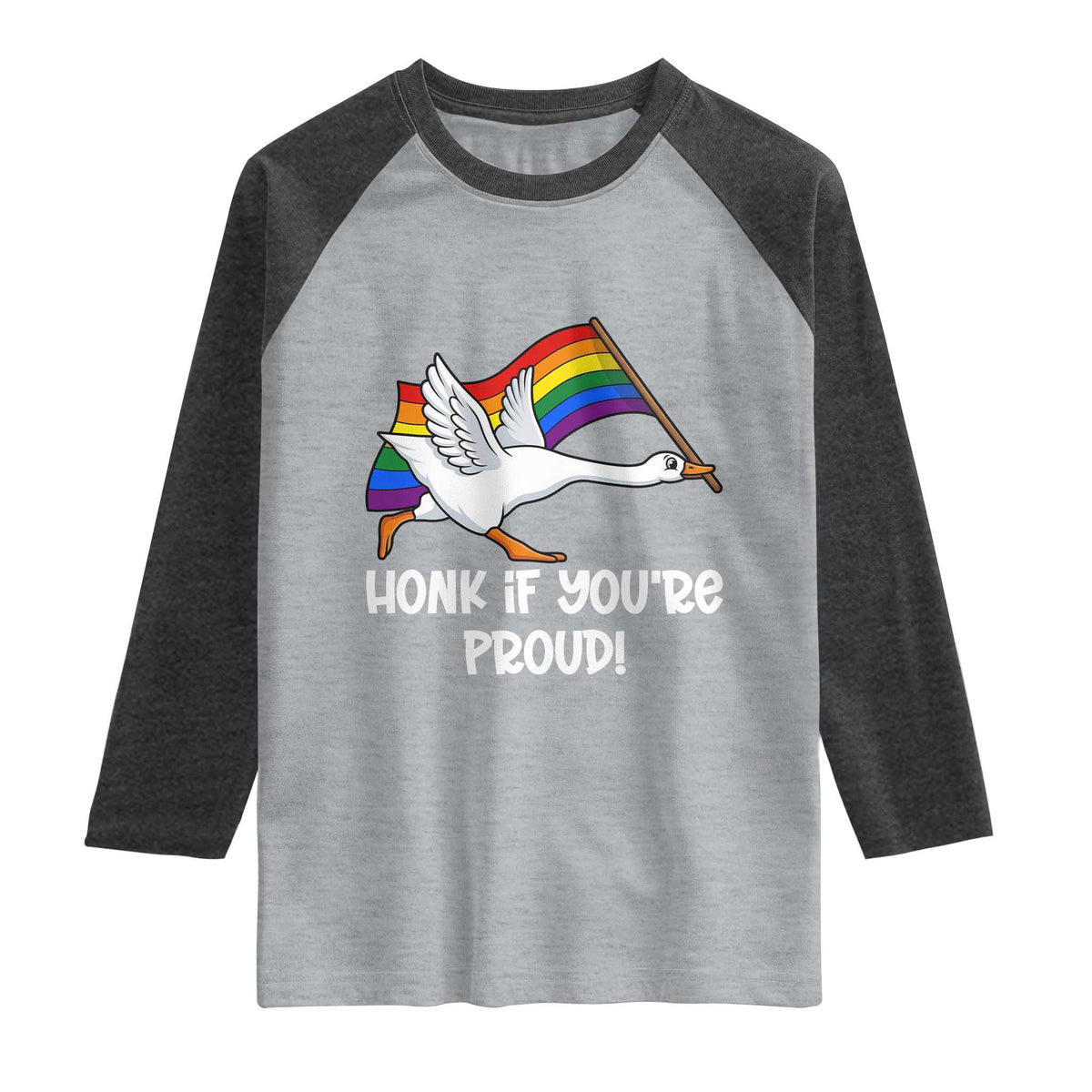 Silly Goose LGBTQ Rainbow Raglan Shirt Honk If You're Proud TS14 Heather Gray Heather Charcoal Print Your Wear
