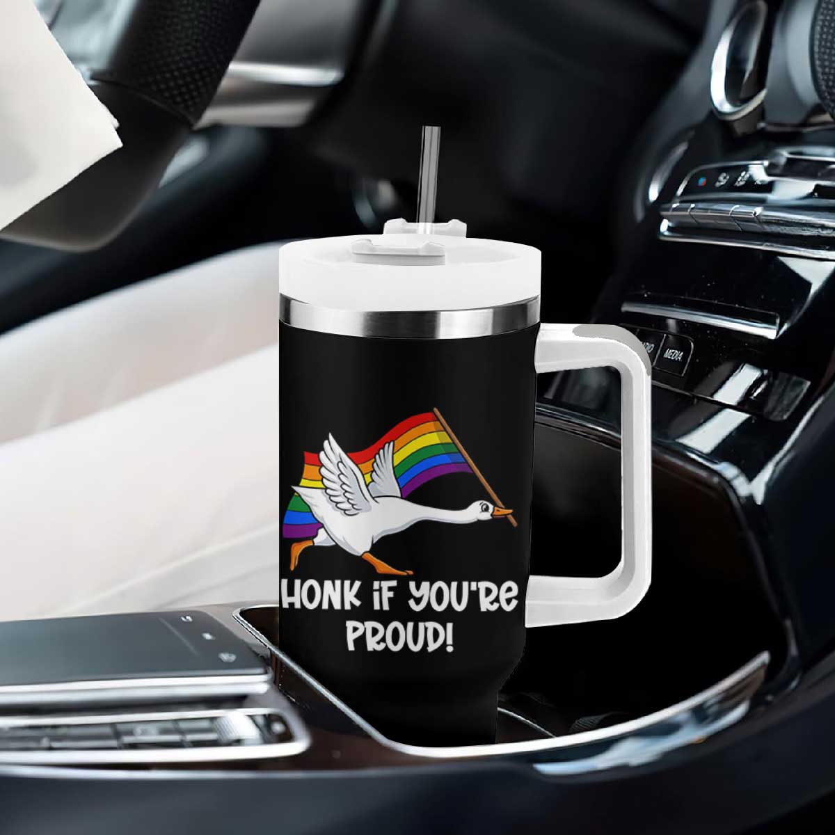 Silly Goose LGBTQ Rainbow Tumbler With Handle Honk If You're Proud