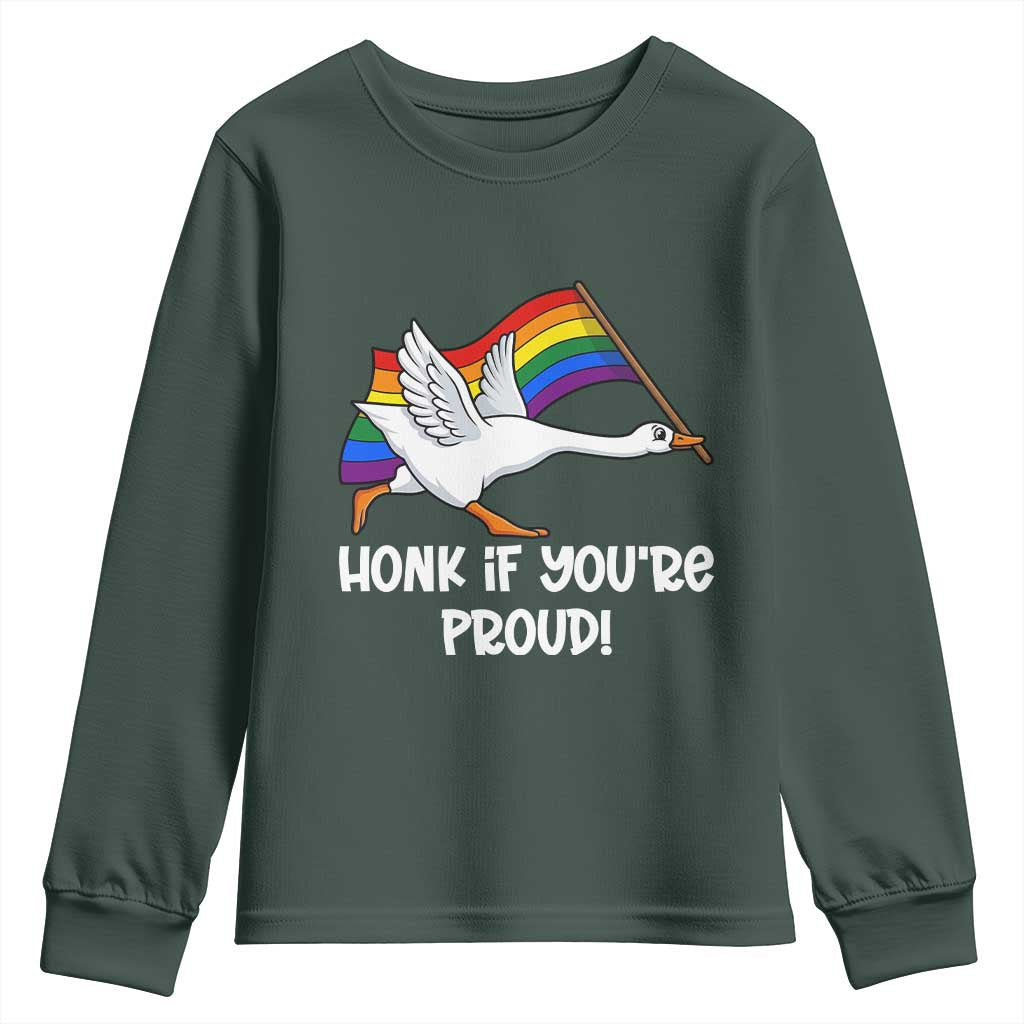 Silly Goose LGBTQ Rainbow Youth Sweatshirt Honk If You're Proud TS14 Dark Forest Green Print Your Wear