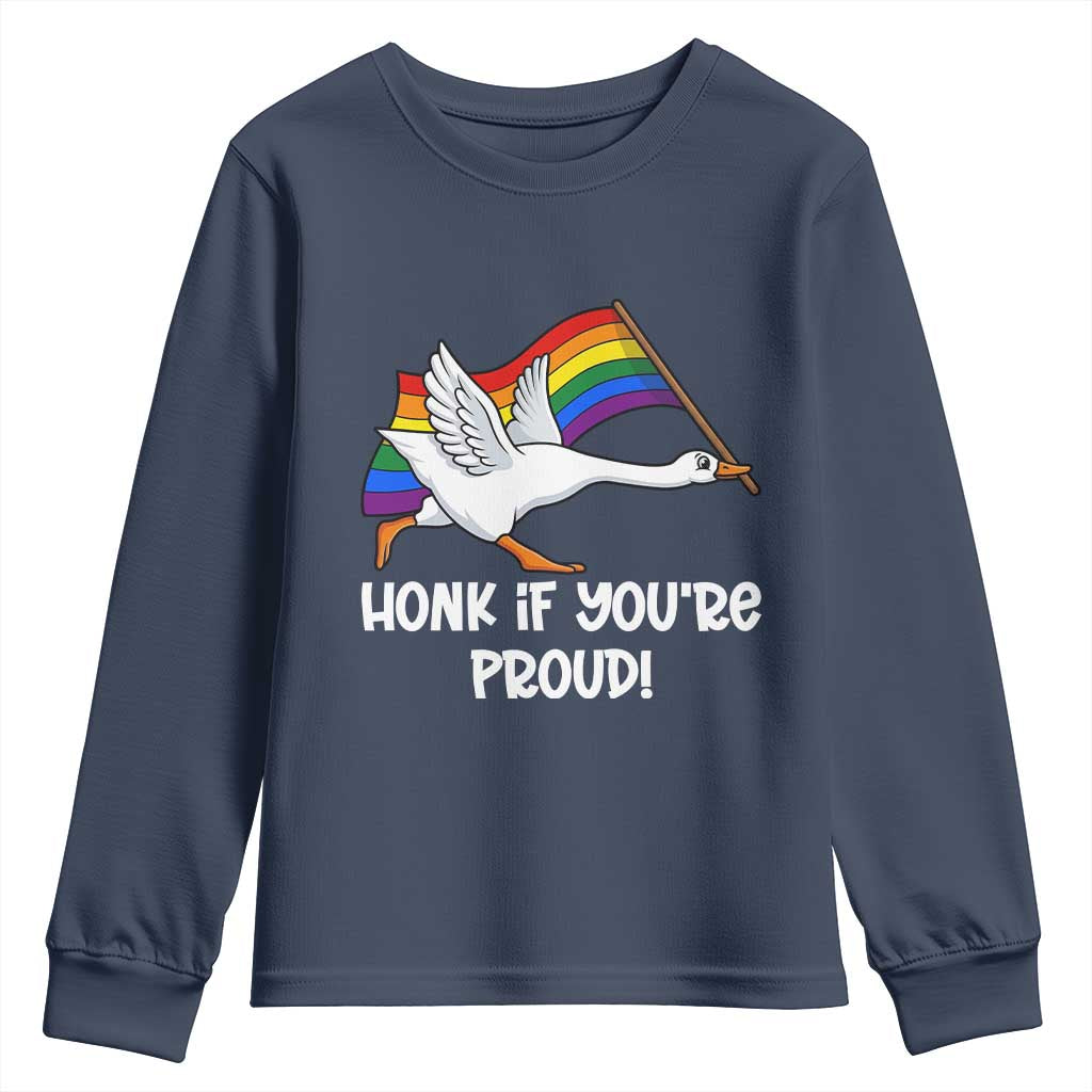 Silly Goose LGBTQ Rainbow Youth Sweatshirt Honk If You're Proud TS14 Navy Print Your Wear
