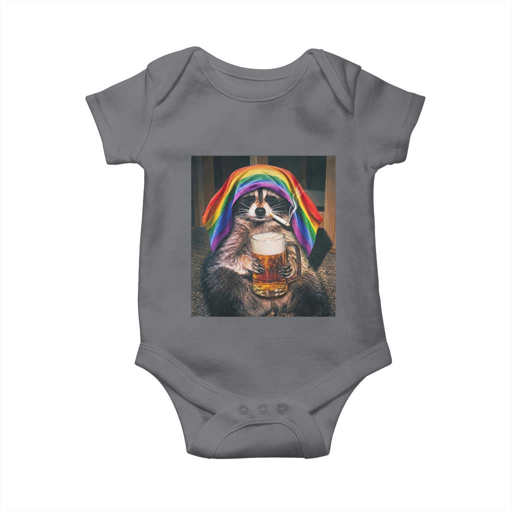 LGBTQ Pride Raccoon Rainbow Flag Baby Onesie Funny Drinking Beer