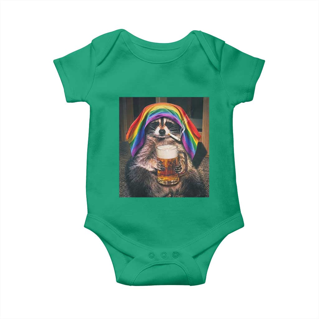 LGBTQ Pride Raccoon Rainbow Flag Baby Onesie Funny Drinking Beer