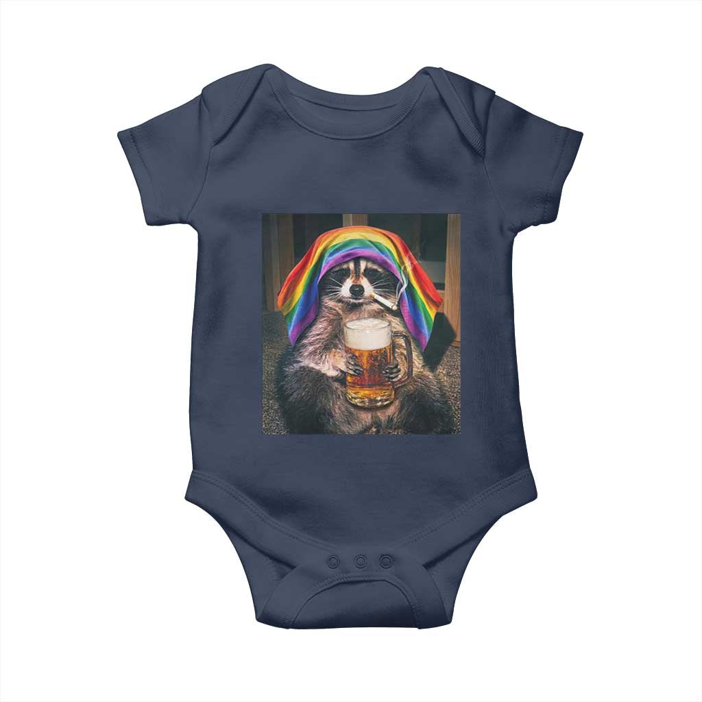LGBTQ Pride Raccoon Rainbow Flag Baby Onesie Funny Drinking Beer