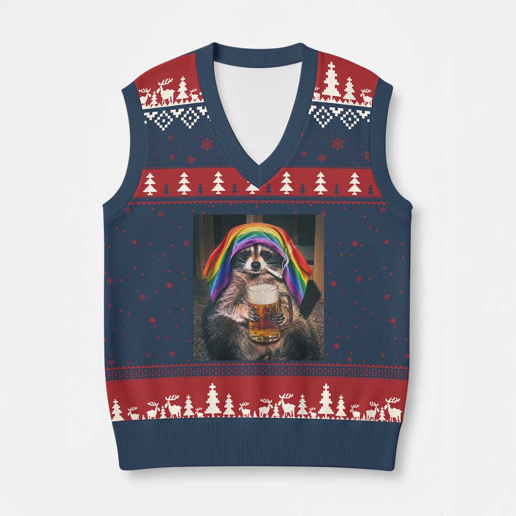 LGBTQ Pride Raccoon Rainbow Flag V-Neck Knit Sweater Vest Funny Drinking Beer