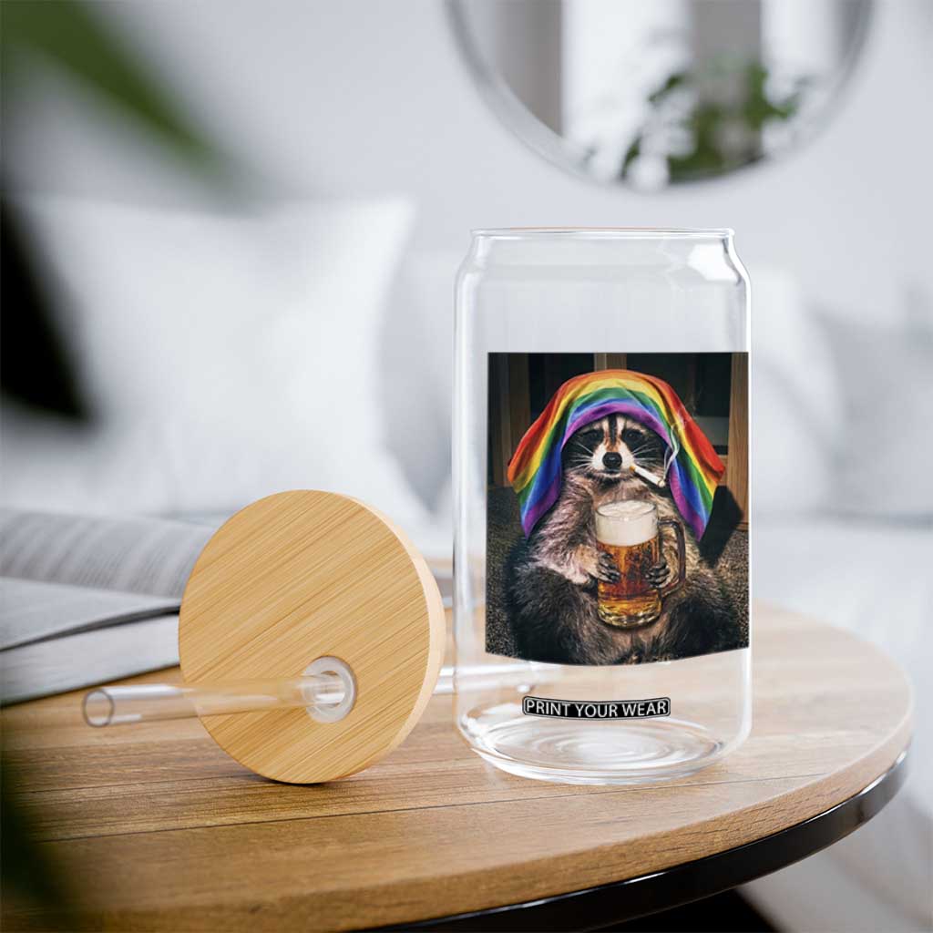 LGBTQ Pride Raccoon Rainbow Flag Glass Can Funny Drinking Beer