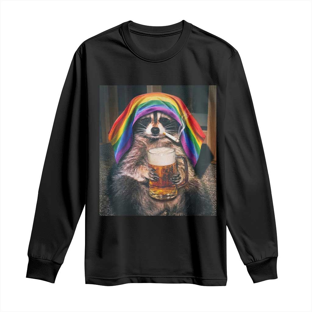 LGBTQ Pride Raccoon Rainbow Flag Long Sleeve Shirt Funny Drinking Beer