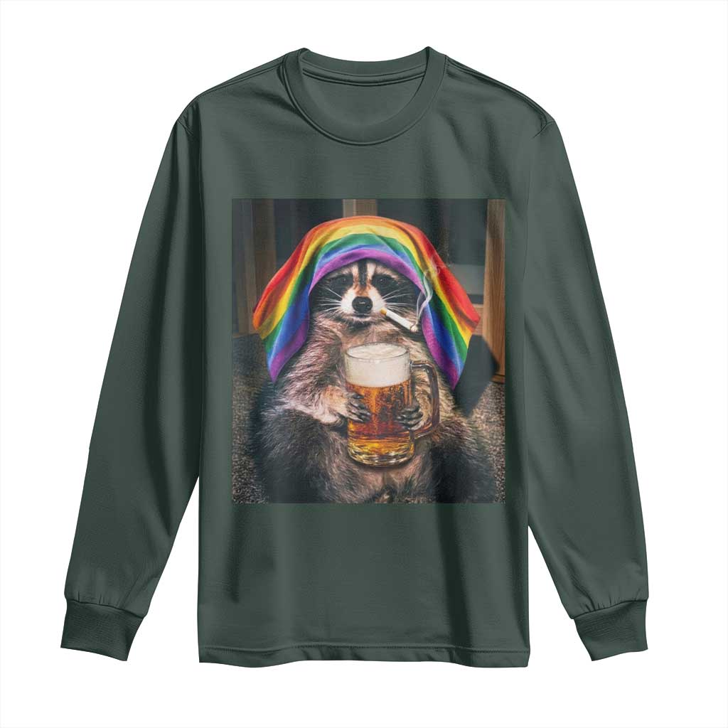 LGBTQ Pride Raccoon Rainbow Flag Long Sleeve Shirt Funny Drinking Beer
