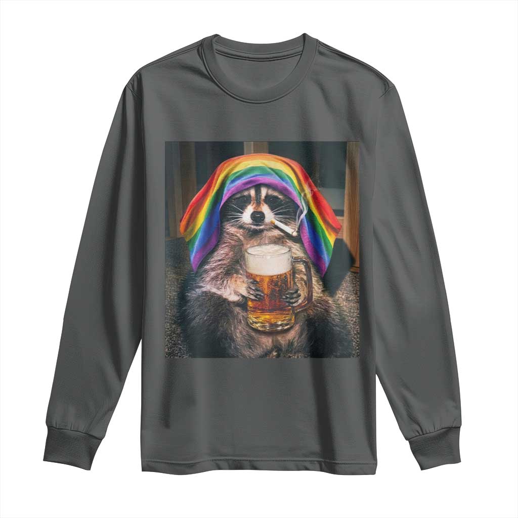 LGBTQ Pride Raccoon Rainbow Flag Long Sleeve Shirt Funny Drinking Beer