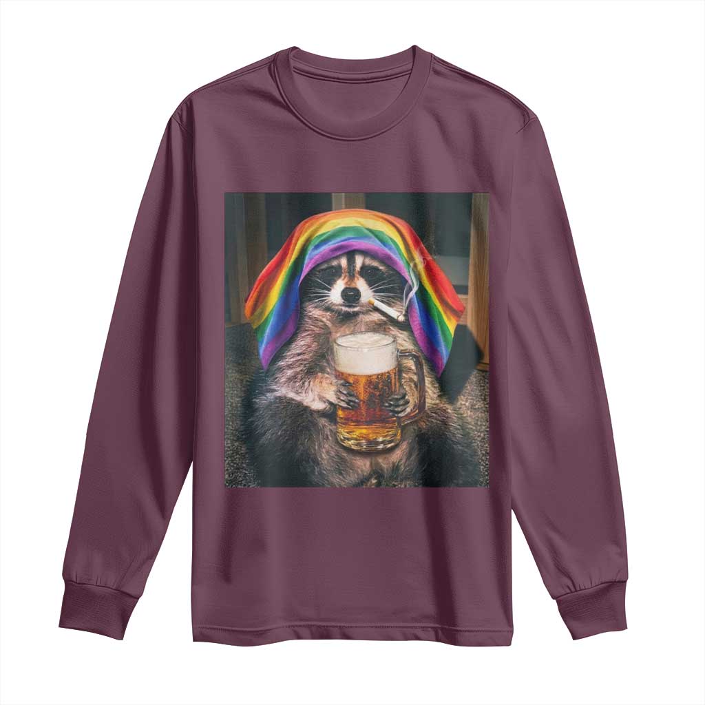 LGBTQ Pride Raccoon Rainbow Flag Long Sleeve Shirt Funny Drinking Beer