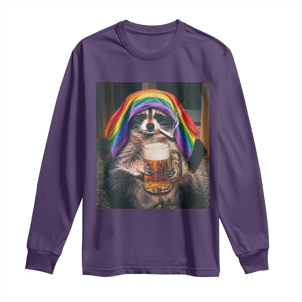 LGBTQ Pride Raccoon Rainbow Flag Long Sleeve Shirt Funny Drinking Beer