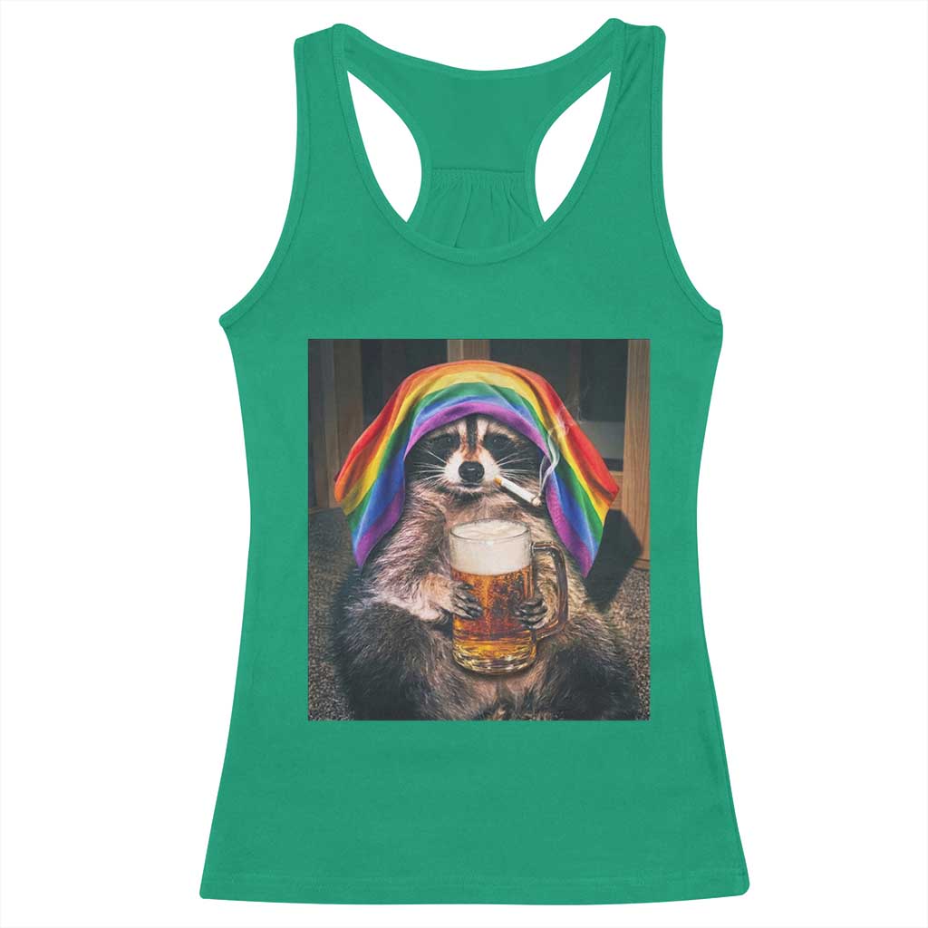 LGBTQ Pride Raccoon Rainbow Flag Racerback Tank Top Funny Drinking Beer