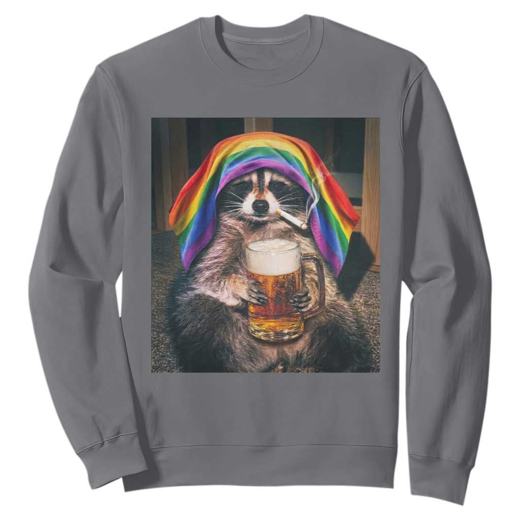 LGBTQ Pride Raccoon Rainbow Flag Sweatshirt Funny Drinking Beer