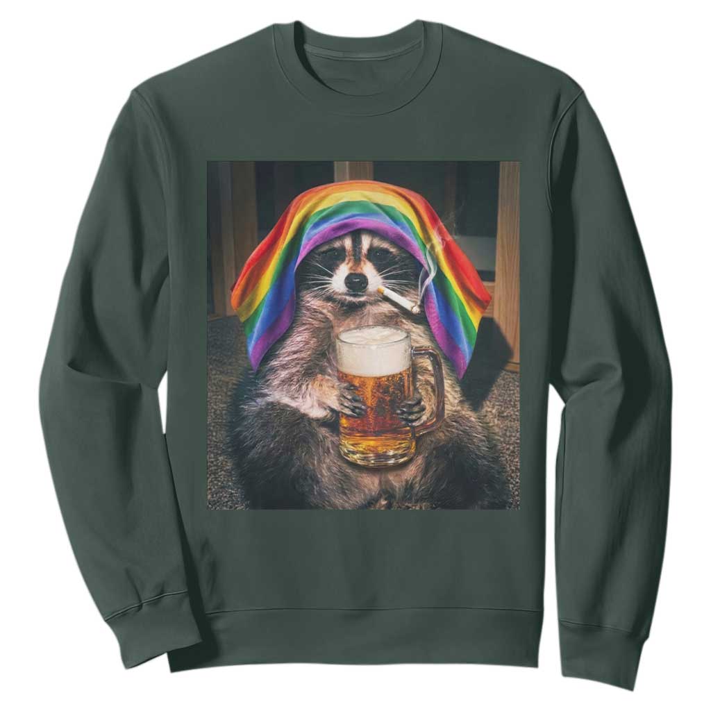 LGBTQ Pride Raccoon Rainbow Flag Sweatshirt Funny Drinking Beer