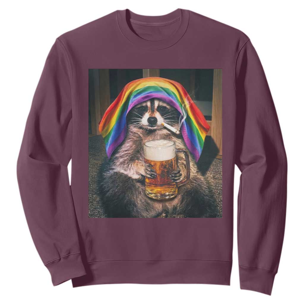 LGBTQ Pride Raccoon Rainbow Flag Sweatshirt Funny Drinking Beer