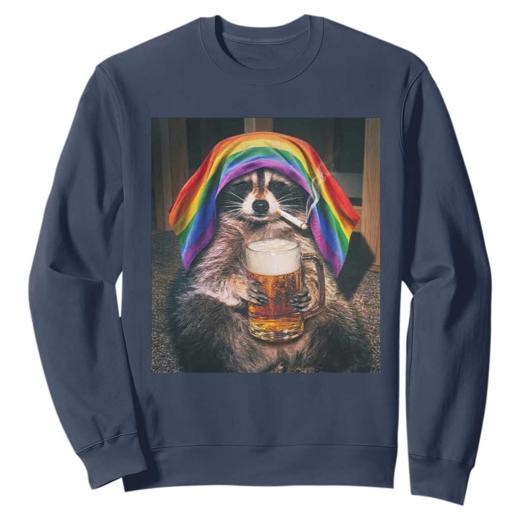 LGBTQ Pride Raccoon Rainbow Flag Sweatshirt Funny Drinking Beer