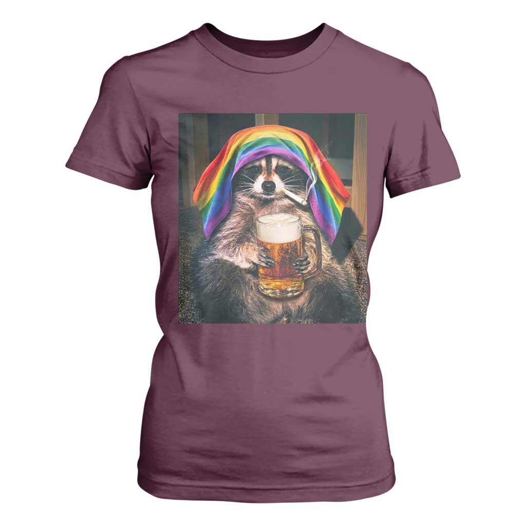 LGBTQ Pride Raccoon Rainbow Flag T Shirt For Women Funny Drinking Beer