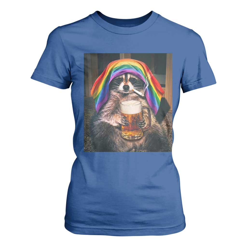 LGBTQ Pride Raccoon Rainbow Flag T Shirt For Women Funny Drinking Beer