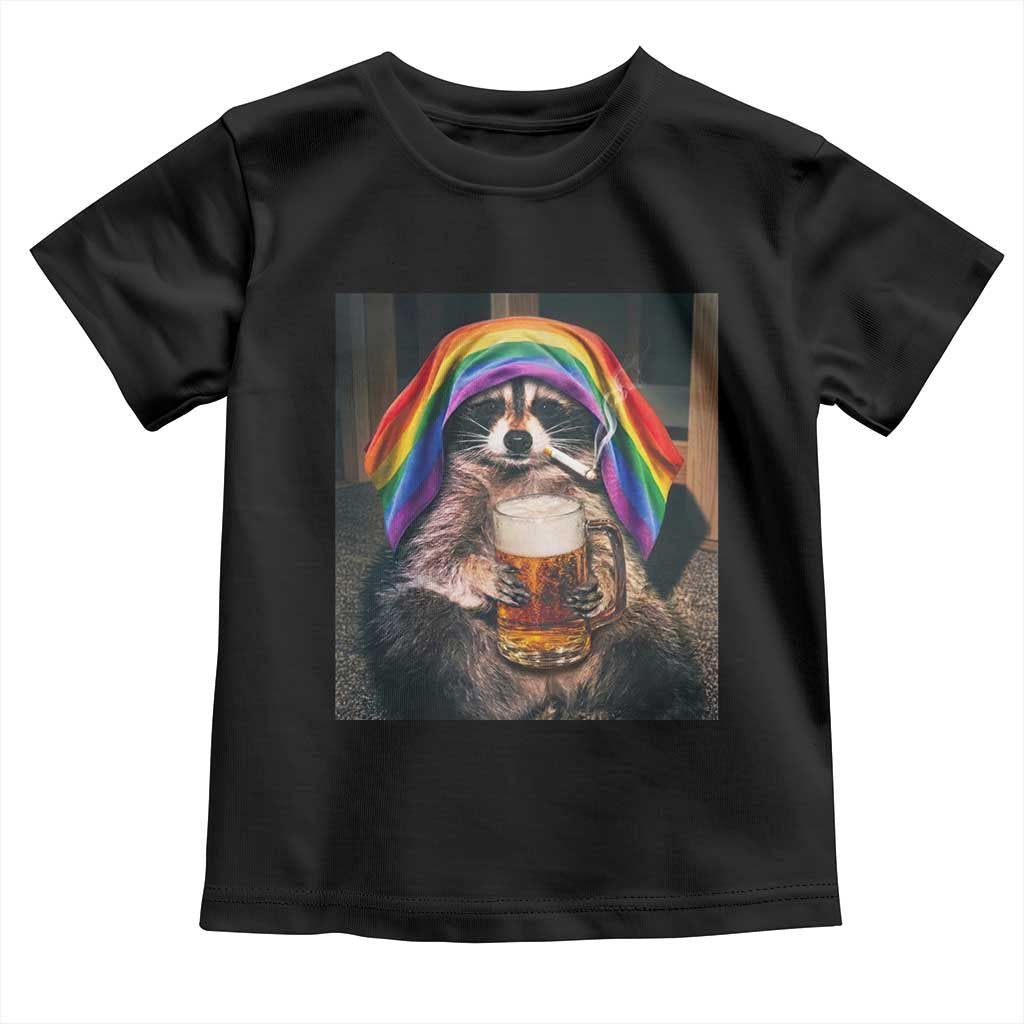 LGBTQ Pride Raccoon Rainbow Flag Toddler T Shirt Funny Drinking Beer