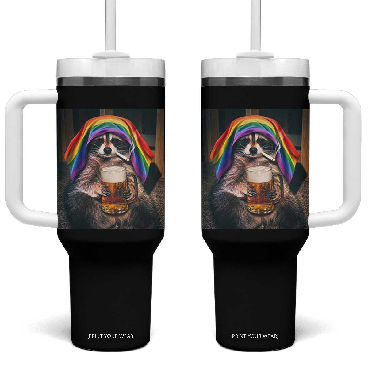 LGBTQ Pride Raccoon Rainbow Flag Tumbler With Handle Funny Drinking Beer