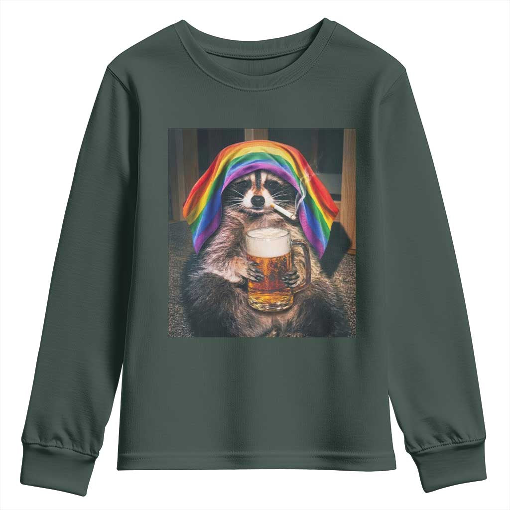 LGBTQ Pride Raccoon Rainbow Flag Youth Sweatshirt Funny Drinking Beer