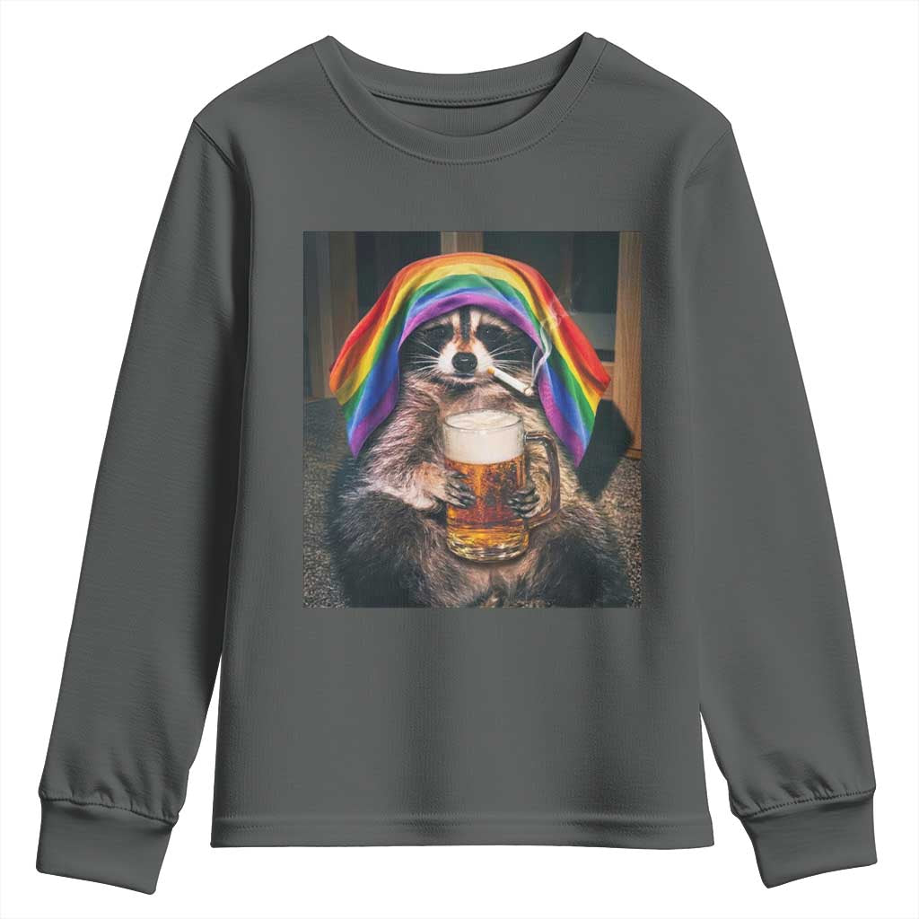 LGBTQ Pride Raccoon Rainbow Flag Youth Sweatshirt Funny Drinking Beer