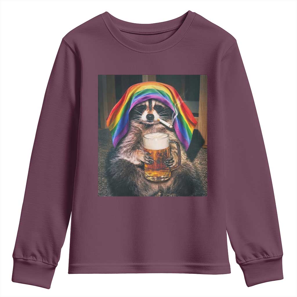 LGBTQ Pride Raccoon Rainbow Flag Youth Sweatshirt Funny Drinking Beer