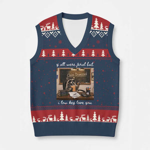 Last Day of School Teacher Feral Raccoon V-Neck Knit Sweater Vest Funny End of Year Summer Break Gift TS14 Navy Red Print Your Wear